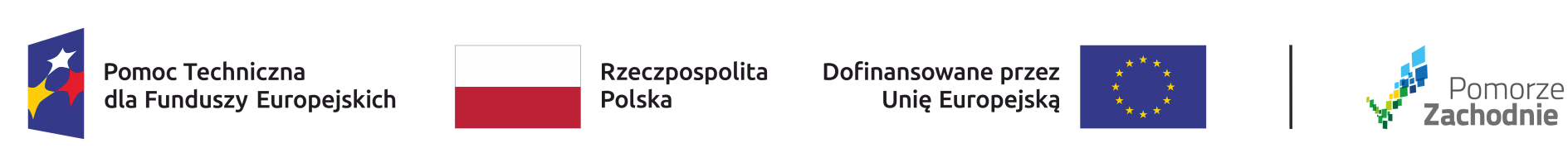 Cztery loga w poziomie, kolejno: Pomoc Techniczna dla Funduszy Europejskich, Flaga Polski z podpisem Rzeczpospolita Polska, Flaga Uni Europejskiej z podpisem Dofinansowane przez Unię Europejską, Logo Pomorze Zachodnie