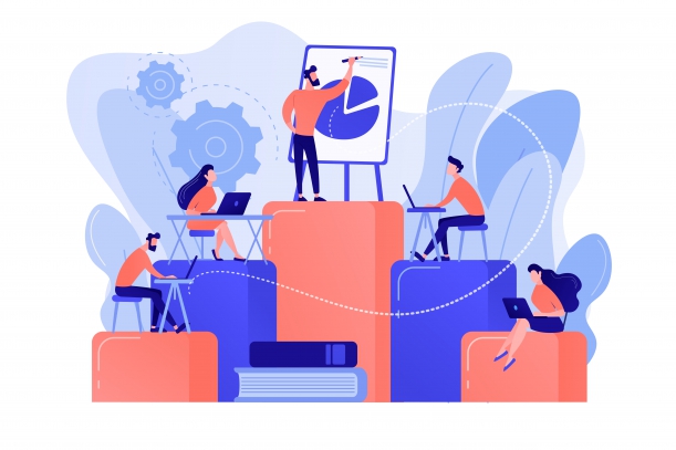 Pracownicy z laptopami uczą się na szkoleniu zawodowym